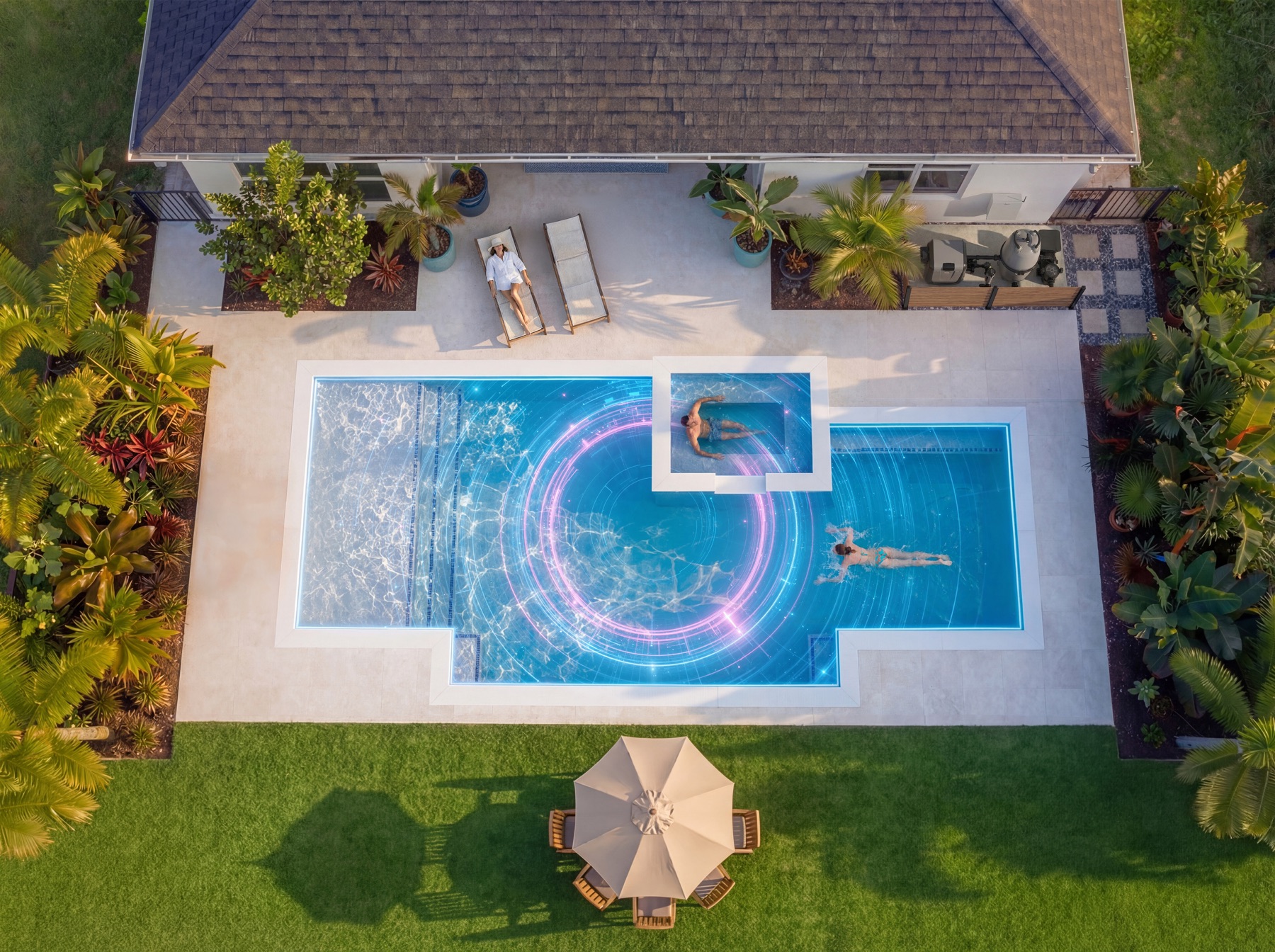Aerial view of a pool with the AquaLink EDGE campaign visual treatment