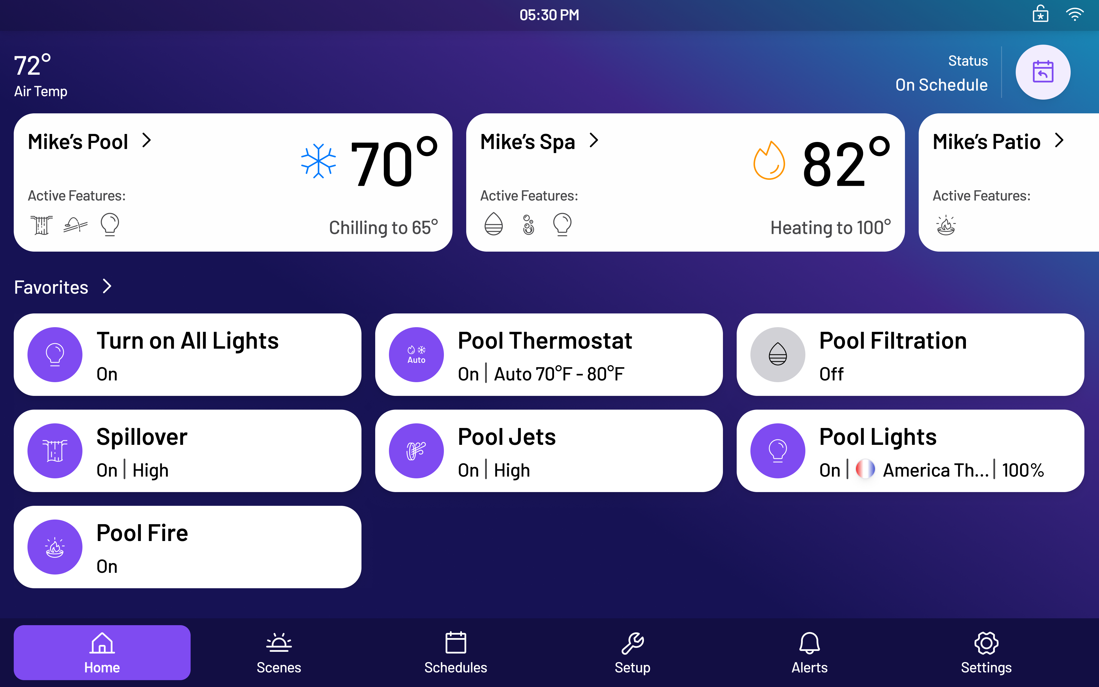 AquaLink EDGE in-home display showing pool, spa and patio controls