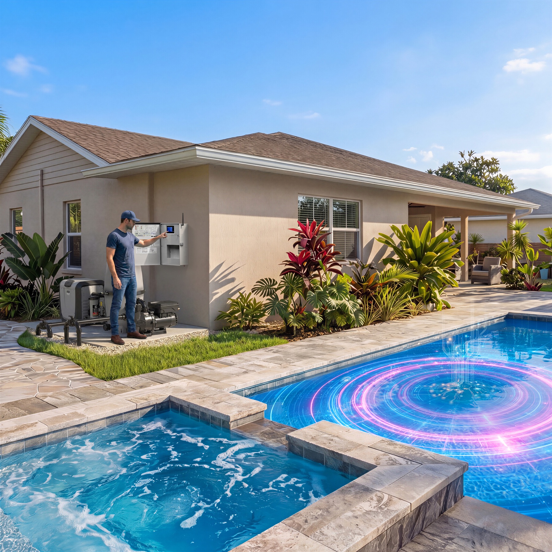 Pool professional at the AquaLink EDGE control cabinet beside a pool with the campaign visual treatment