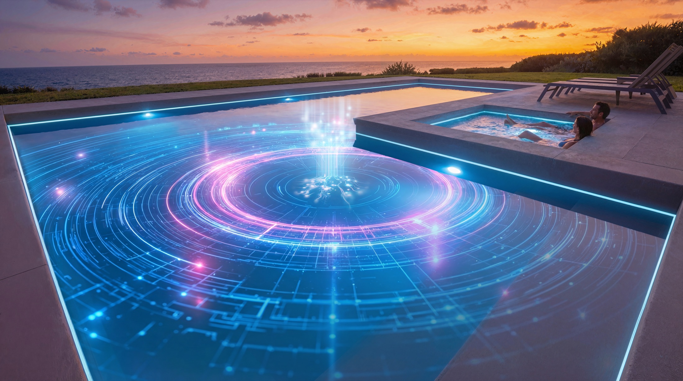 AquaLink EDGE visual language extending across a pool and spa at sunset