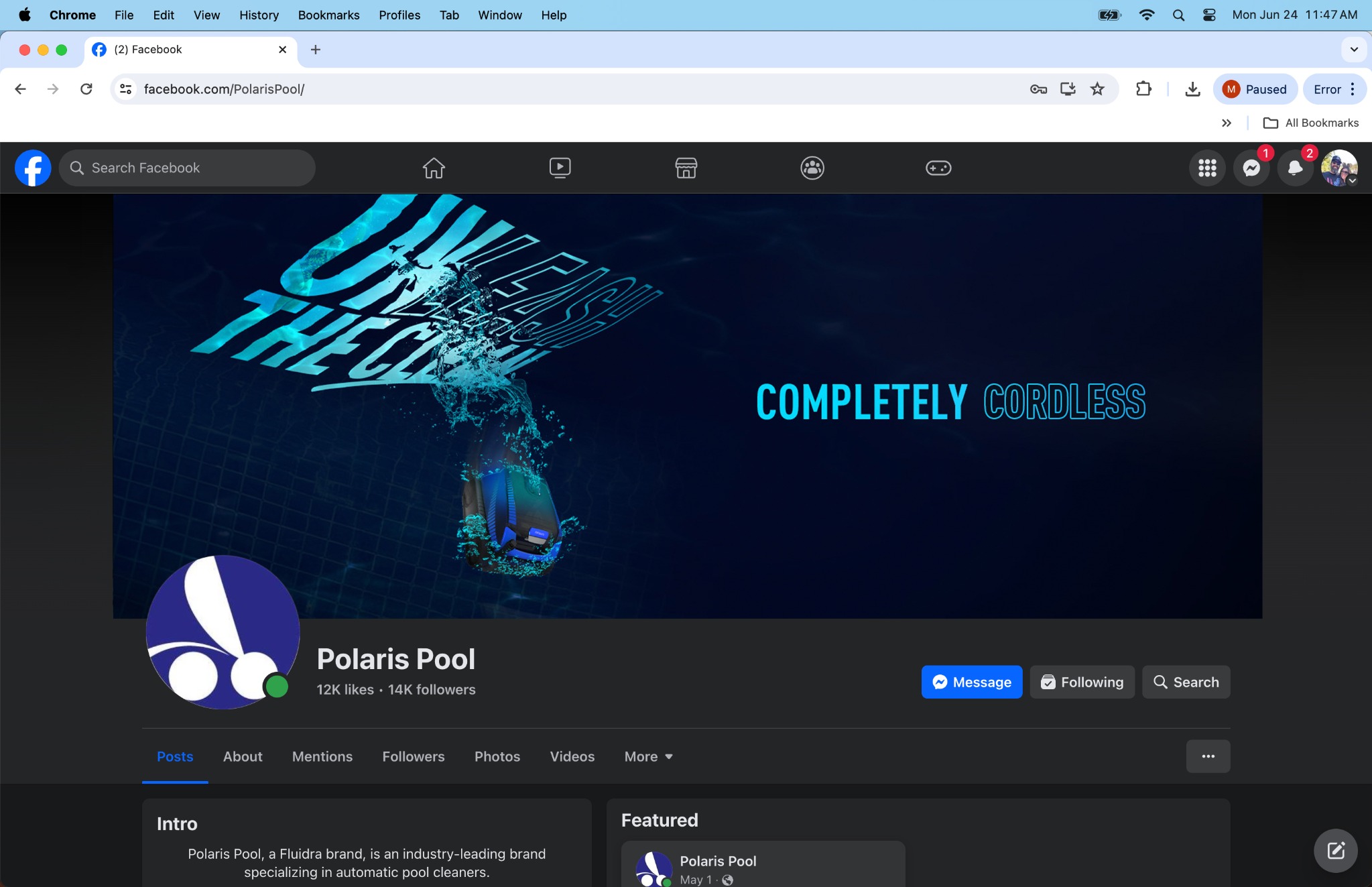 Dark Polaris cordless campaign Facebook application displayed on a laptop